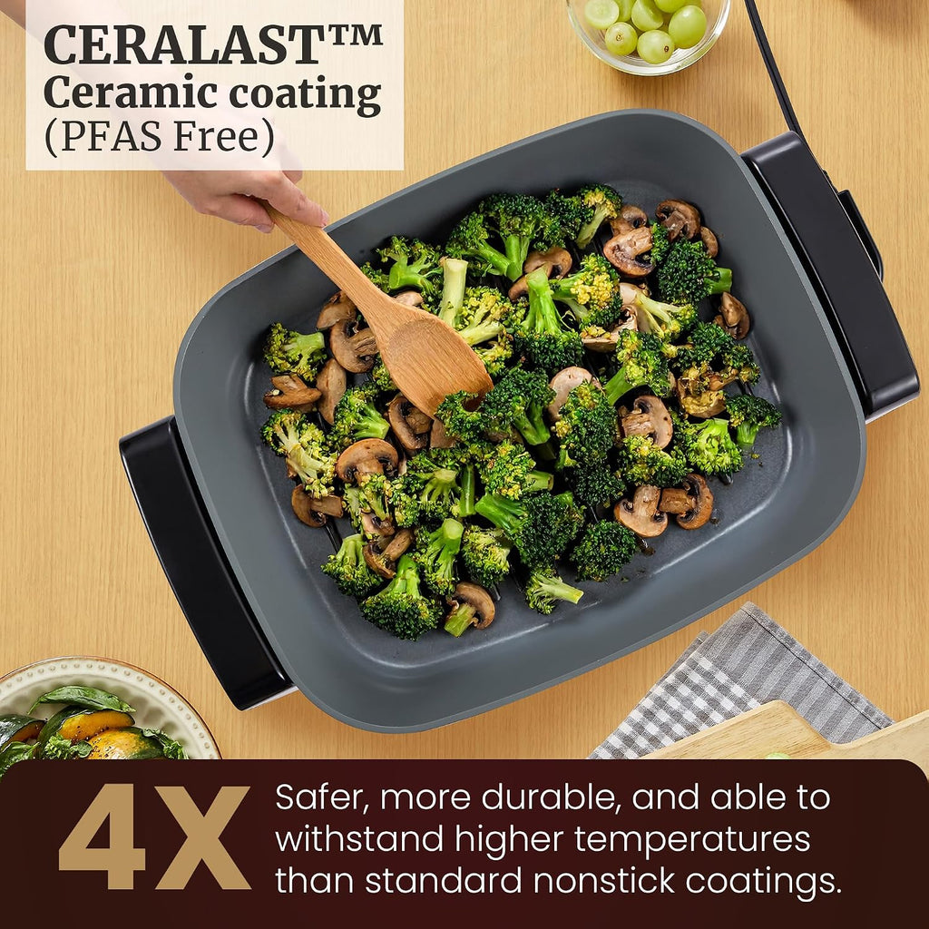 Elite Gourmet 15" X 12" X 4" Electric Skillet, Xtra Deep Dish, Ceralast™ Pfas Free Ceramic, 1500W Rapid Heat, Tempered Glass Vented Lid, Dishwasher Safe, 12.5 Qt., Black/Gray
