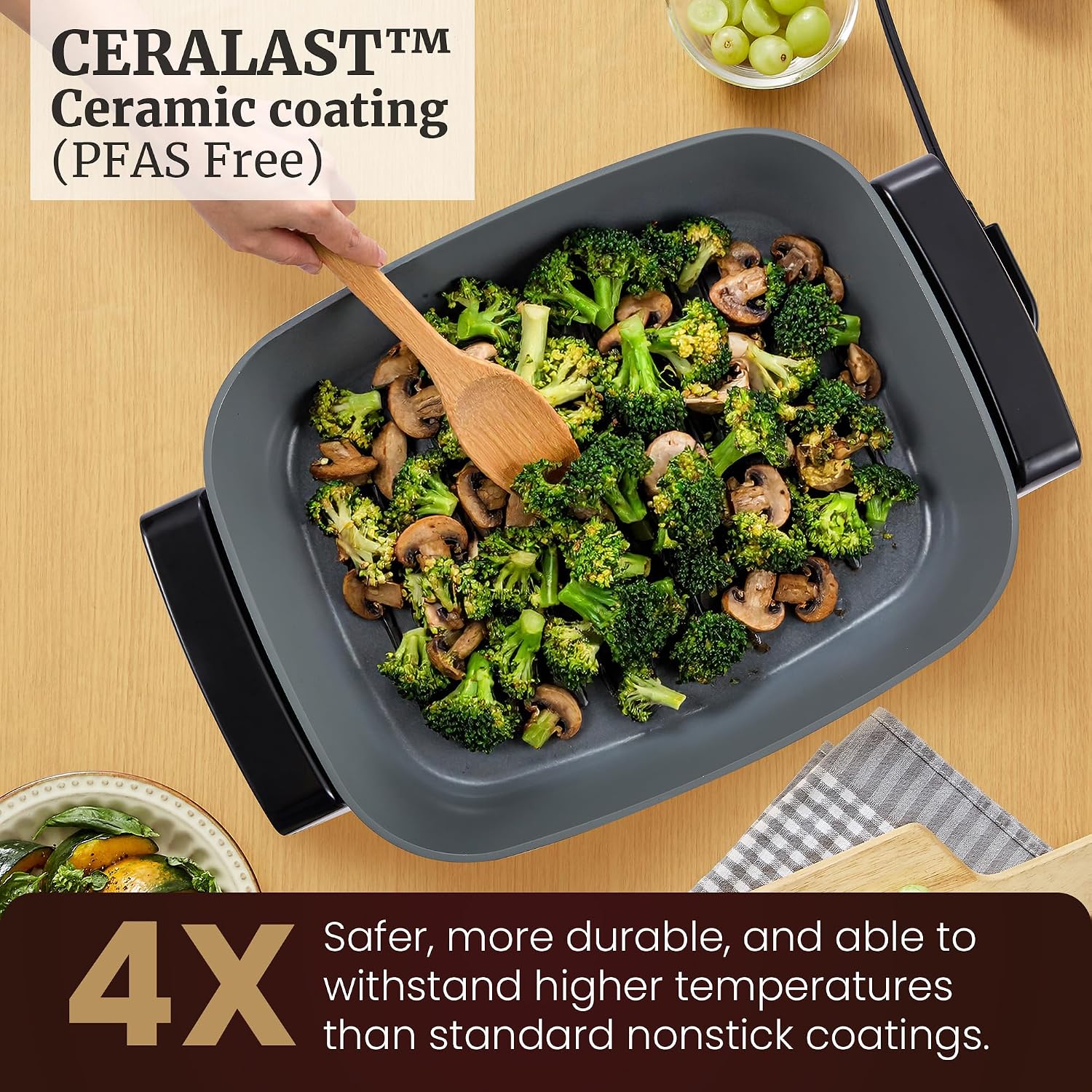 Elite Gourmet 15" X 12" X 4" Electric Skillet, Xtra Deep Dish, Ceralast™ Pfas Free Ceramic, 1500W Rapid Heat, Tempered Glass Vented Lid, Dishwasher Safe, 12.5 Qt., Black/Gray