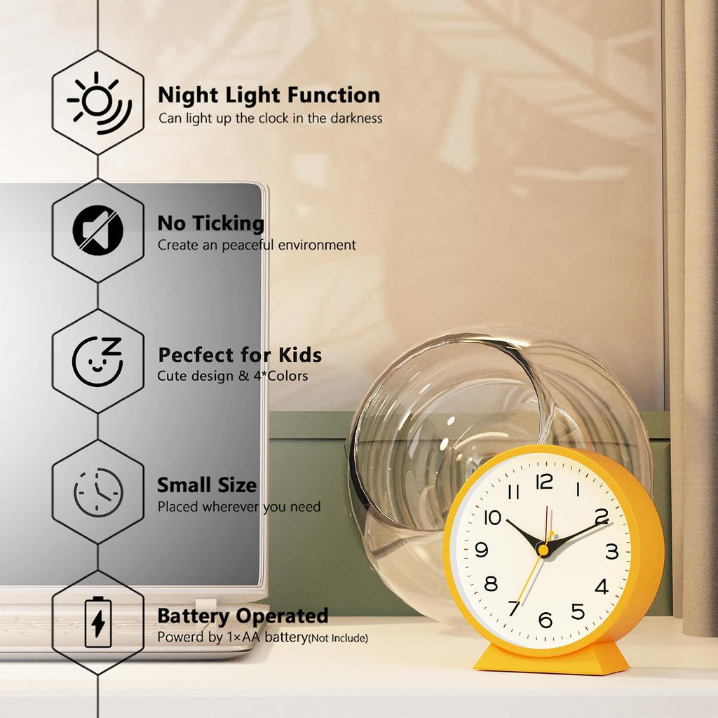 Ayrely® 4.5" Analog Alarm Clock,Small Retro Desk Clock Battery Operated,Silent Metal Table Clock With Light For Living Room Decor,Bedroom,Bedside,Shelf (Orange-Yellow)