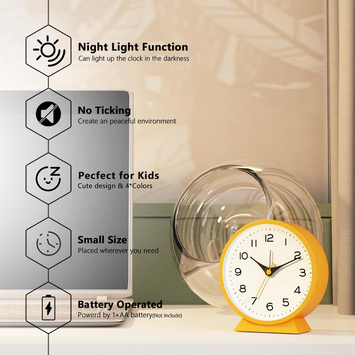 Ayrely® 4.5" Analog Alarm Clock,Small Retro Desk Clock Battery Operated,Silent Metal Table Clock With Light For Living Room Decor,Bedroom,Bedside,Shelf (Orange-Yellow)