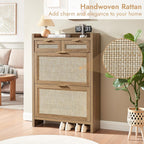 Rattan Shoe Storage Cabinet With 2 Drawers & 2 Flip Drawers – Hidden Slim Shoe Organizer For Entryway, Large Tabletop Space, Farmhouse Boho Narrow Shoe Rack, Rustic Oak