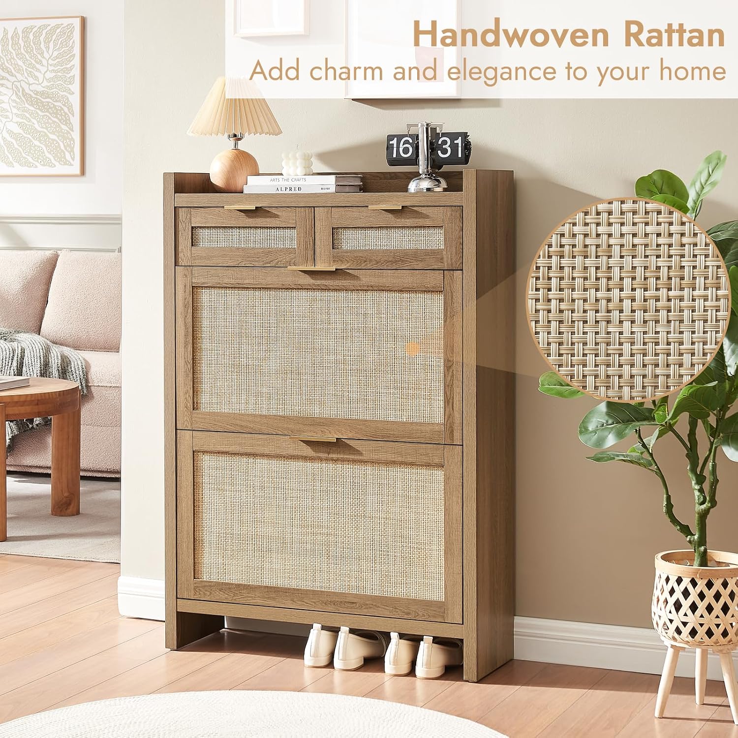 Rattan Shoe Storage Cabinet With 2 Drawers & 2 Flip Drawers – Hidden Slim Shoe Organizer For Entryway, Large Tabletop Space, Farmhouse Boho Narrow Shoe Rack, Rustic Oak