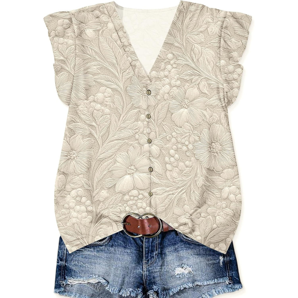 Womens Tops Dressy Casual Summer Floral V Neck T-Shirts Ruffle Short Sleeve Tunic Blouses