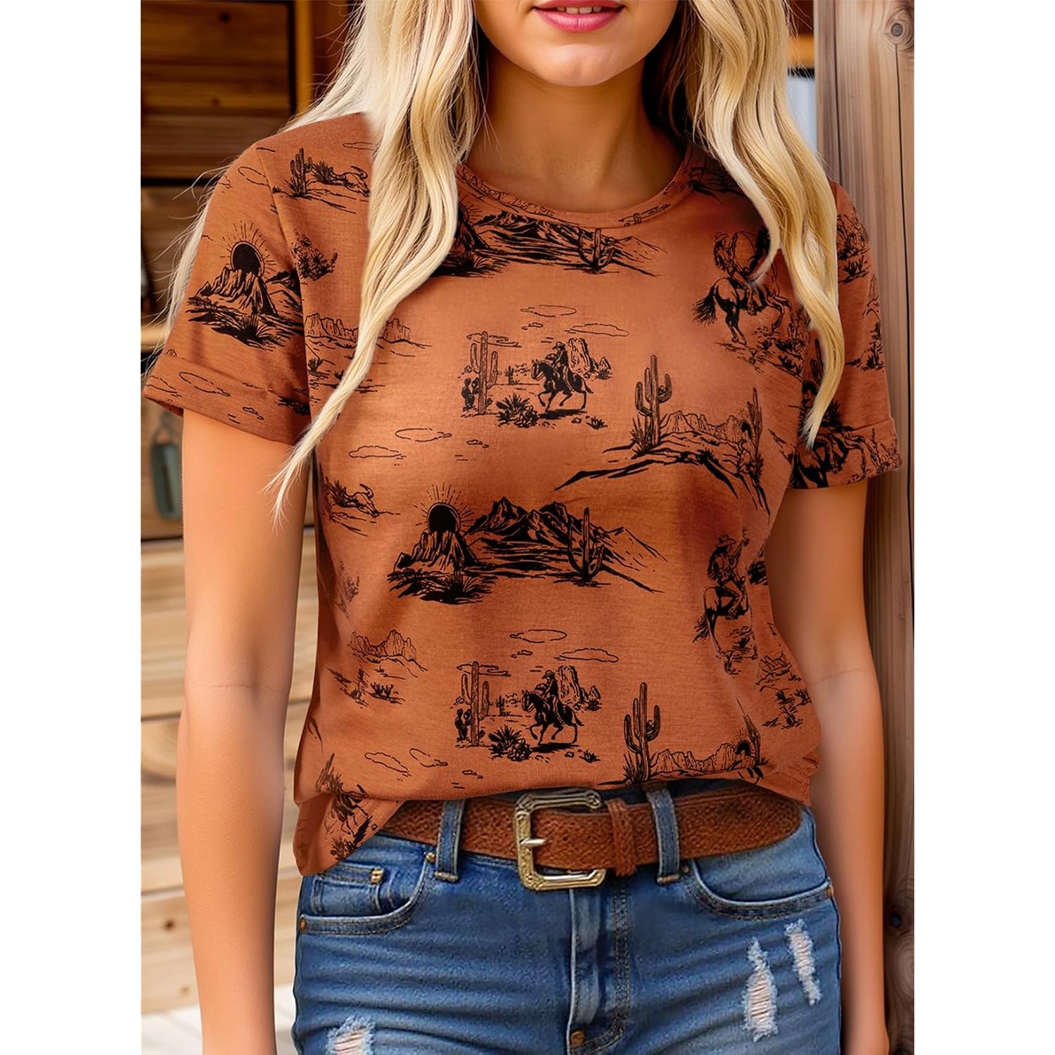 SHEWIN Womens Summer Tops Short Sleeve T-Shirts Western Graphic Crew Neck Casual Cute Tees 2026 Clothes A Maroon