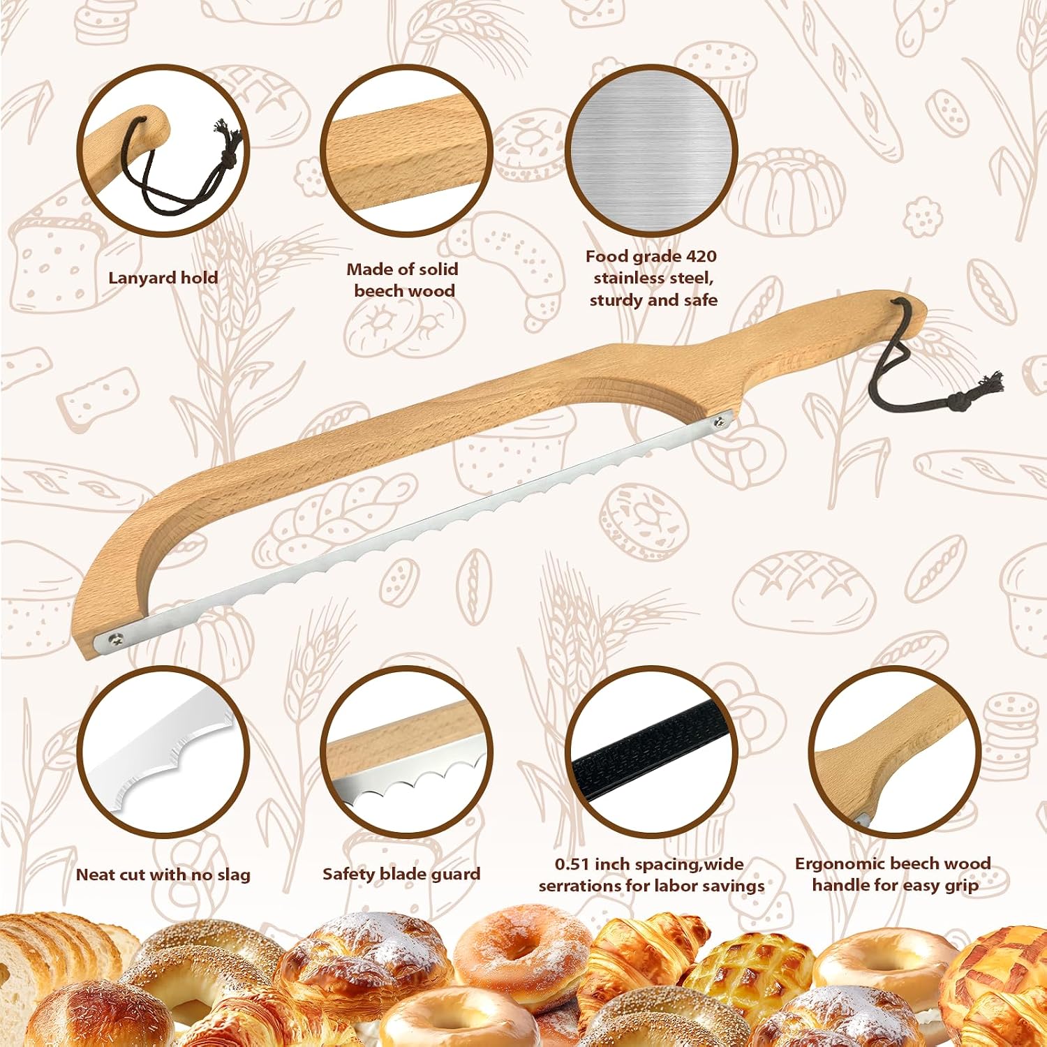 Hottor Sourdough Bread Slicer,16Inch Bread Knife For Homemade Bread,Bread Bow Knife For Sourdough Rounds,Bread Cutter With Protective Cover,Stainless Steel Serrated Bread Knofe