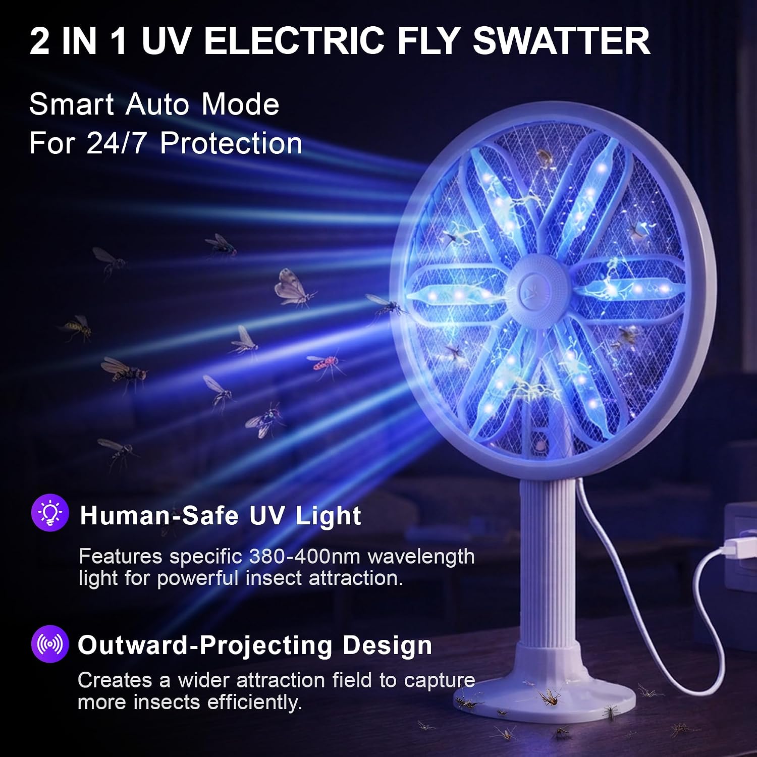 Rotating Head Electric Fly Swatter For Indoors With 16–40" Telescopic Handle, 4000V 2-In-1 Uv Usb Rechargeable Bug Zapper Indoor Outdoor, Fly Mosquito Zapper Killer Catcher Trap For Ceilings And Walls