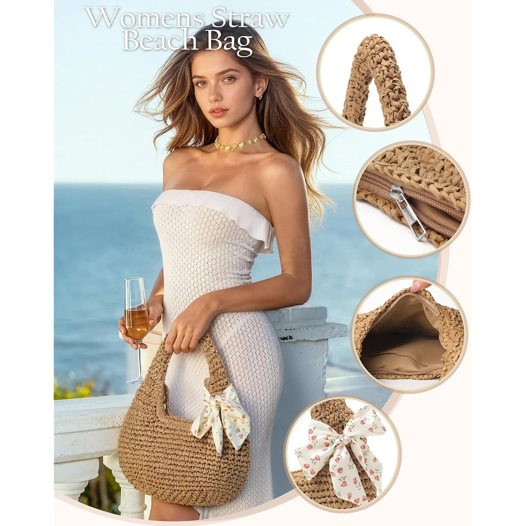 Fauson Beach Bags For Women - Handmade Straw Clutch Purses For Women Handbag Zip Closure Tote Bag Lightweight