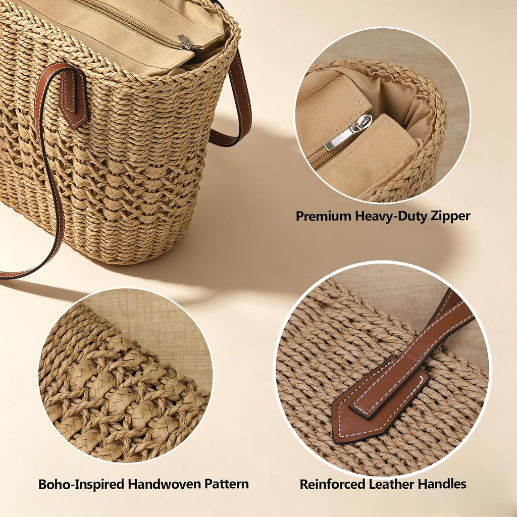 Straw Tote Bag Woven Beach Bag For Women, Large Capacity Summer Shoulder Boho Handbag Vacation
