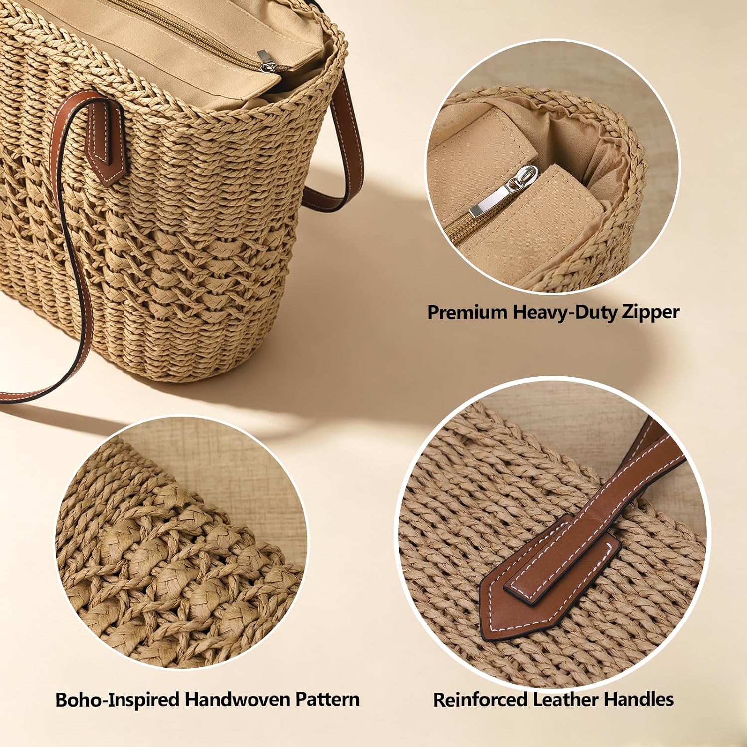 Straw Tote Bag Woven Beach Bag For Women, Large Capacity Summer Shoulder Boho Handbag Vacation