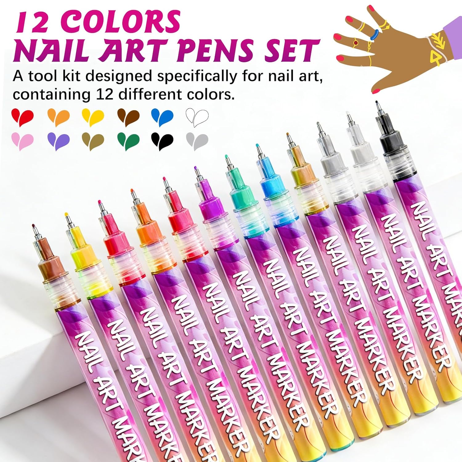 Nail Art Pens, 12 Color 0.5 MM Nail Polish Pens Set Drawing Point Painting Liner Painted Pen Kit, Quick Dry Nail for DIY Nails Art Design Manicure Tools
