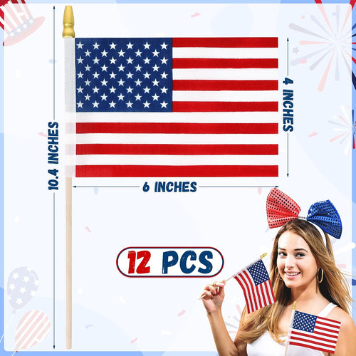 12 Pcs Small American Flags On Stick, 6X4 In 4Th Of July Decorations, Mini 250 Anniversary Usa Flag, Fourth Of July American Handheld Flags For Veterans Day Memorial Day Supplies