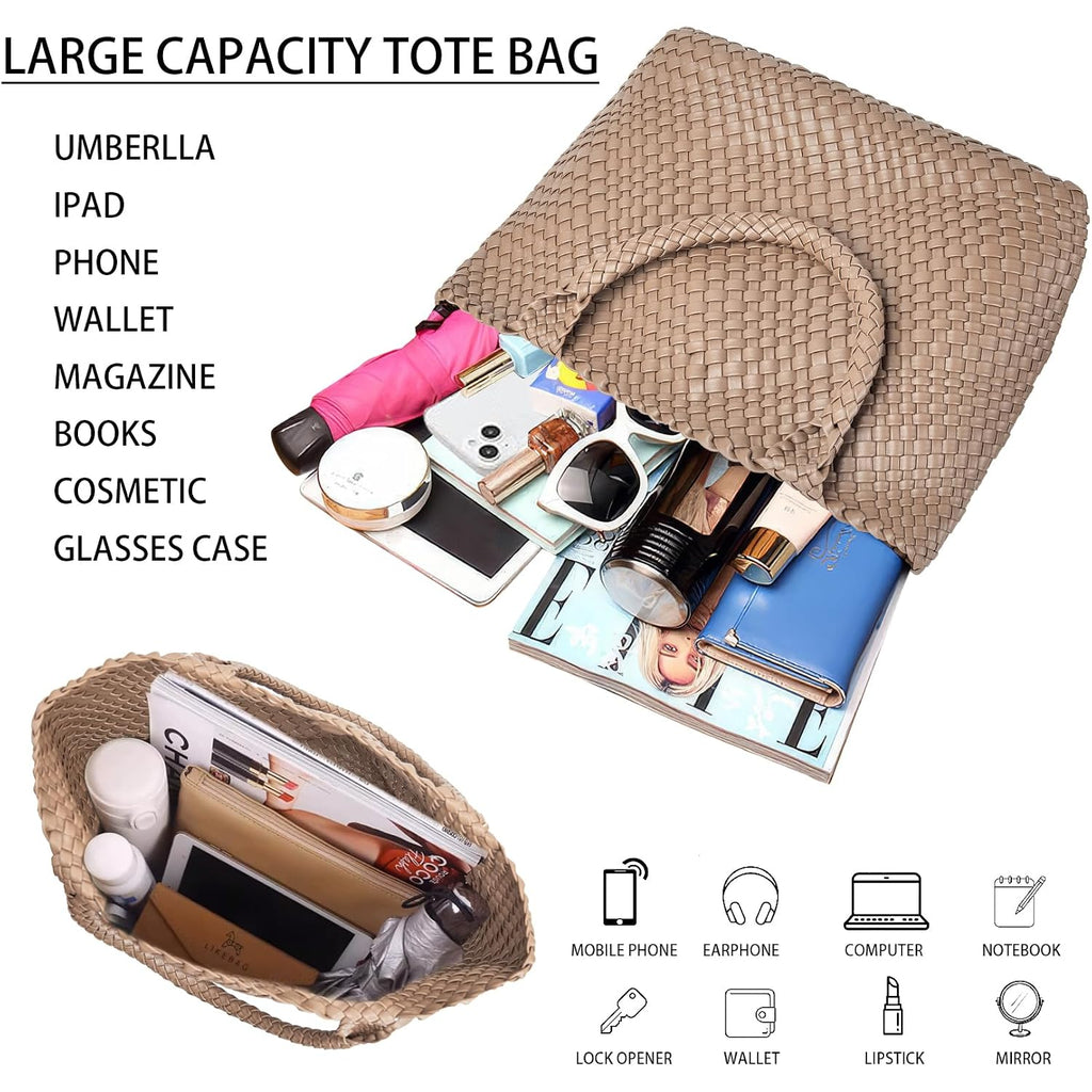 Woven Shoulder Bag For Women, Fashion Top Handle Soft Vegan Leather Shopper