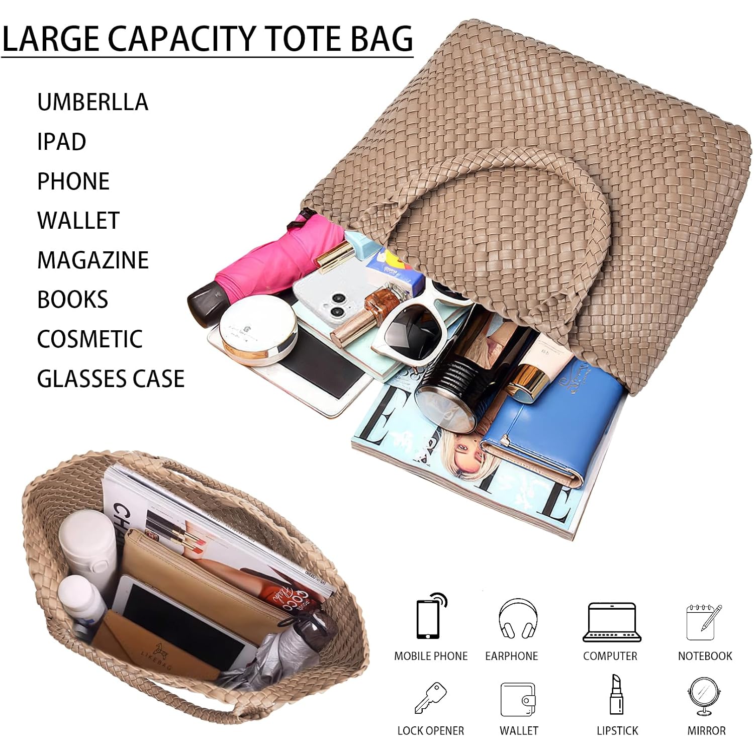 Woven Shoulder Bag For Women, Fashion Top Handle Soft Vegan Leather Shopper