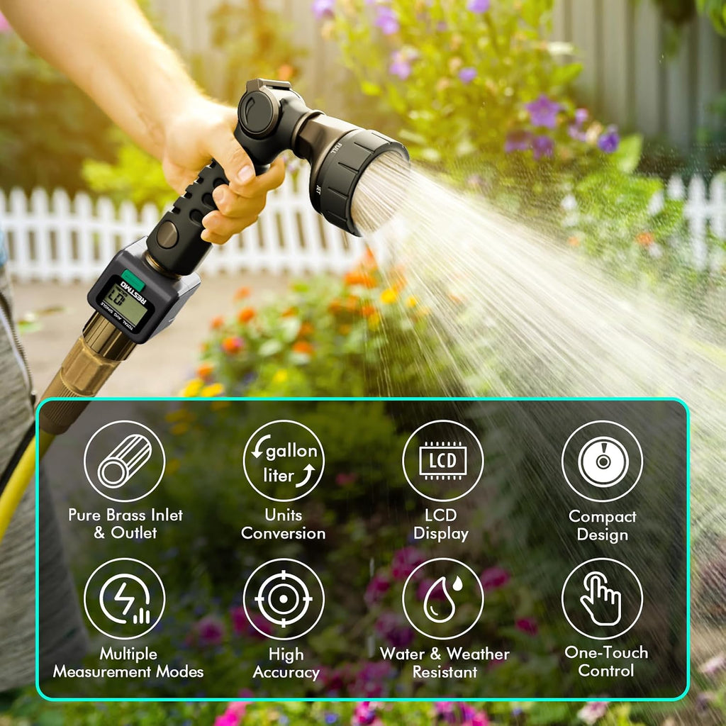 Restmo Water Flow Meter, Measure Gallon/Liter Consumption And Flow Rate | Brass Inlet & Outlet, Water Meter For Outdoor Garden Hose Watering, Rv Water Tank Filling, Lawn Sprinkler And Nozzle Sprayer