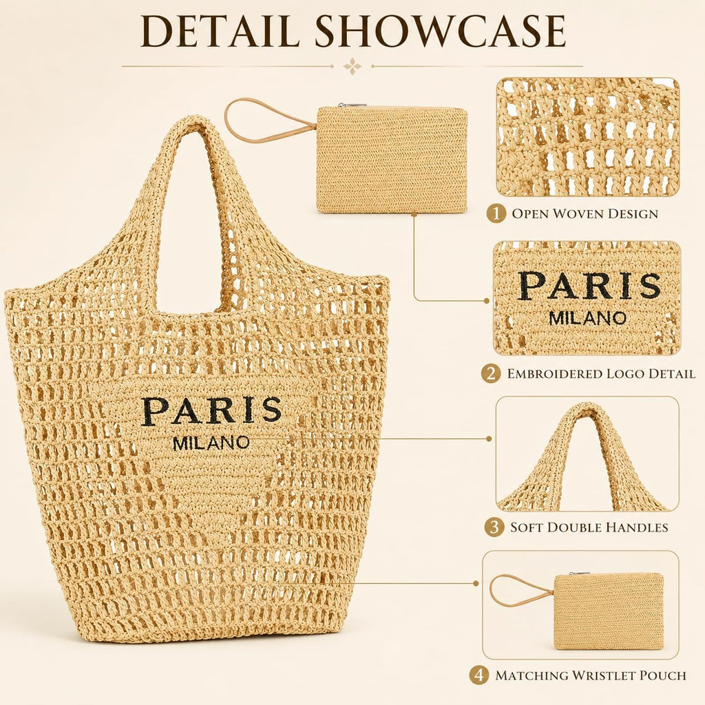 Qzunique Women Straw Woven Bag Summer Shoulder Bag Beach Purse Hobo Vacation Straw Clutch Handbag