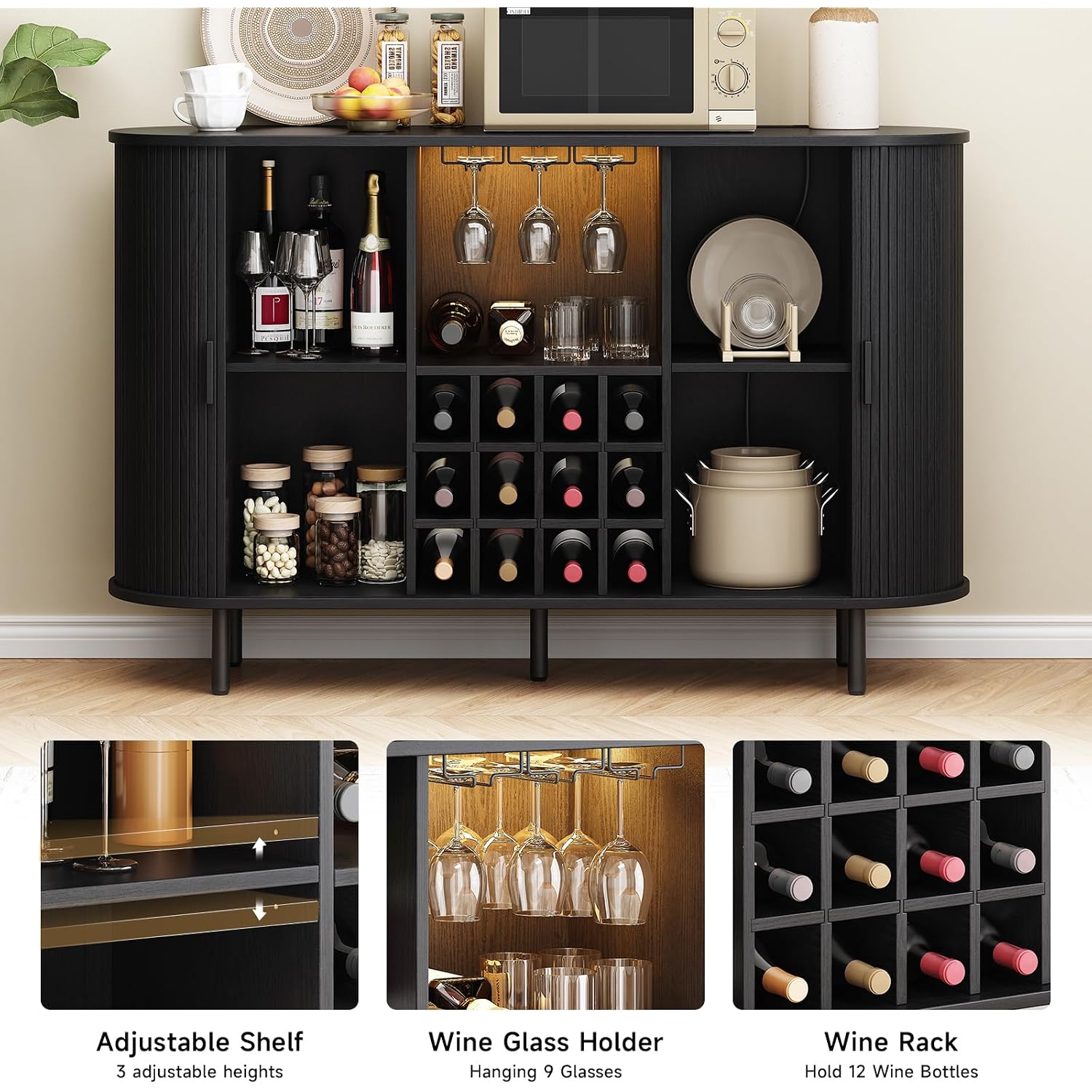 55" Wine Bar Cabinet With Led Light,Modern Liquor Whiskey Coffee Station With Wine Rack And Glass Holder, Farmhouse Buffet Sideboard With Storage For Living Room, Kitchen, Entryway (Black)