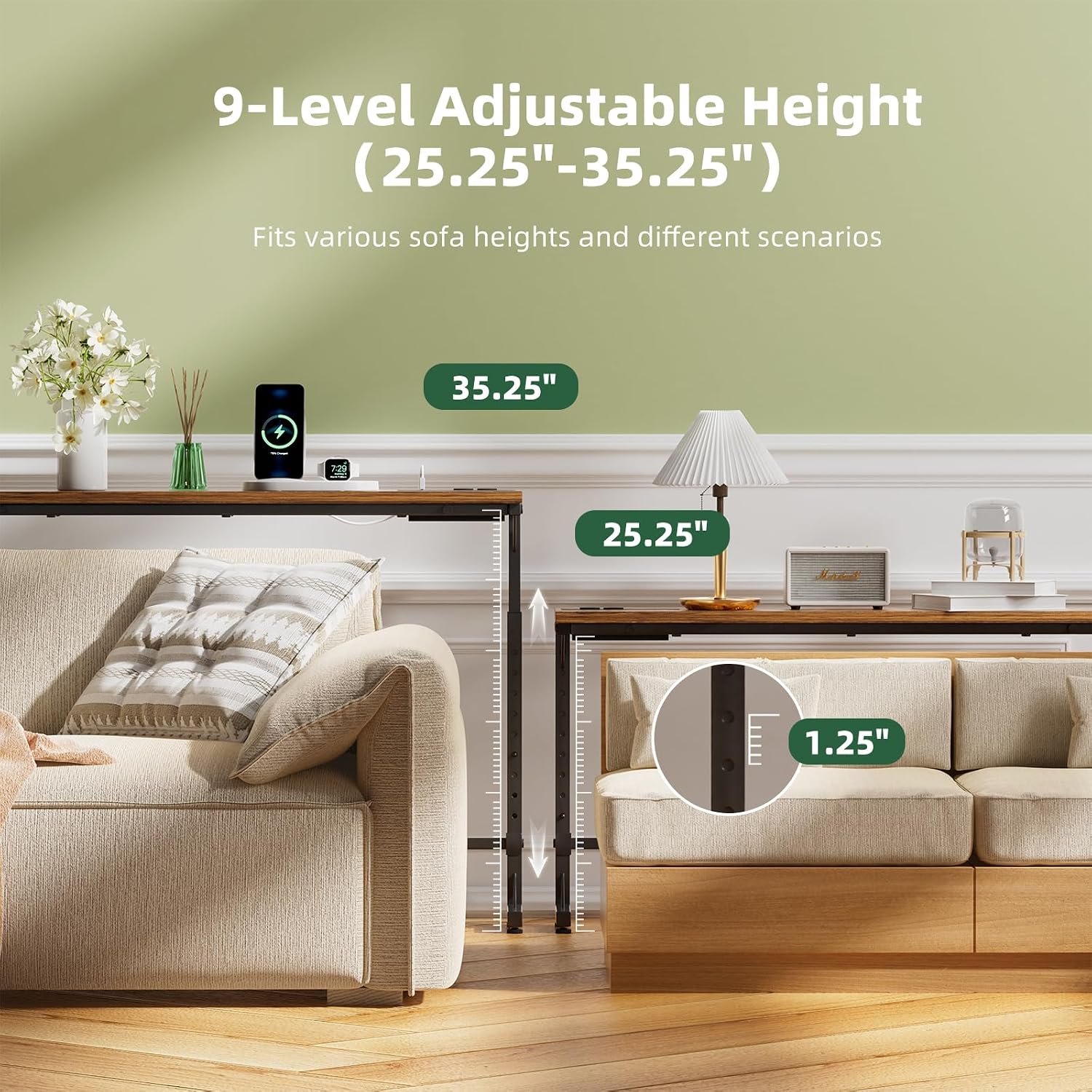 Simple Trending 78.75 Inch Narrow Console Table With 2 Charging Station, Behind Couch Table Set Of 2, Sofa Table Adjustable Height, Long Entryway Tables For Living Room, Rustic Brown
