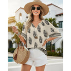 GUNEST Boho Tops for Women V Neck 3/4 Sleeve Lightweight Blouses Trendy Loose Fit Bohemian Dressy Casual Peasant Tunic Blouse