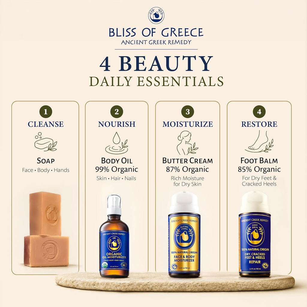 Ancient Greek Remedy Organic Spa Gift Set - Body Oil, Face Moisturizer, Foot Balm & 2 Soap Bars - Lavender Scented Skin Care Gift Basket For Women - Perfect For Christmas, Birthdays & Self Care