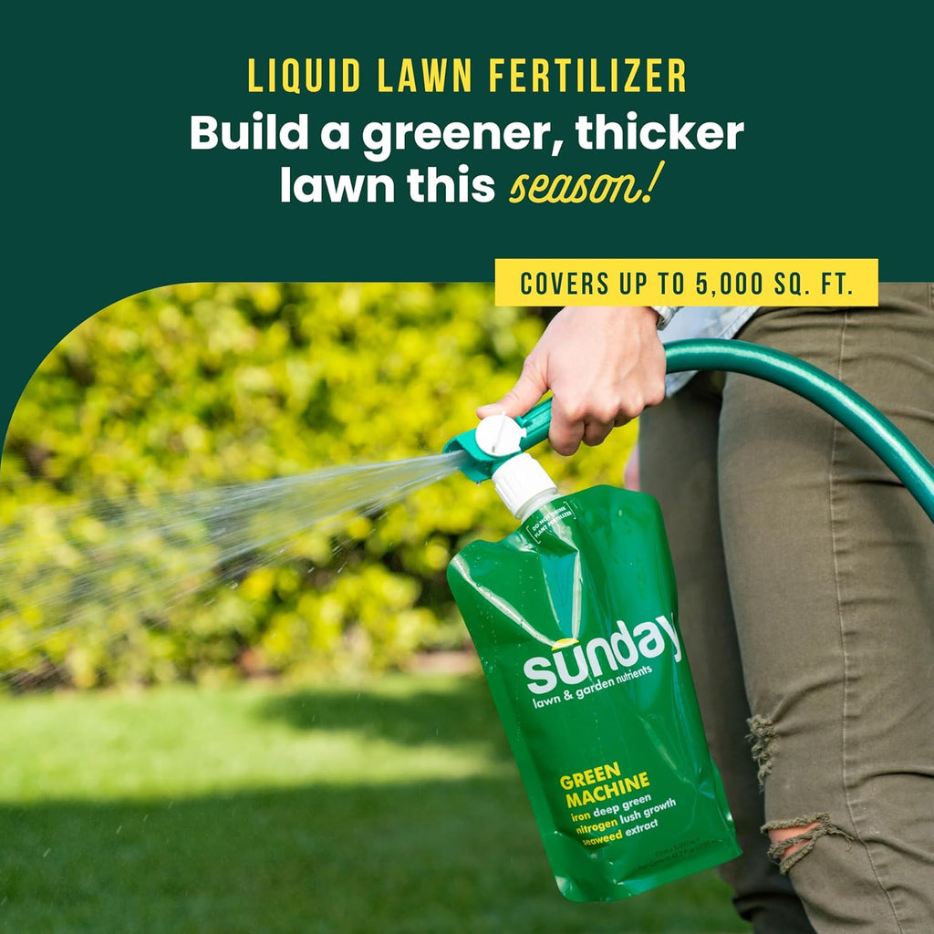 Sunday Green Machine Fertilizer, 42.3Oz, 2 Pack - Liquid Lawn Fertilizer For Lush Growth - Includes Universal Sprayer Attachment - Covers Up To 10,000 Sq Ft - Easy Application In 15 Minutes Or Less