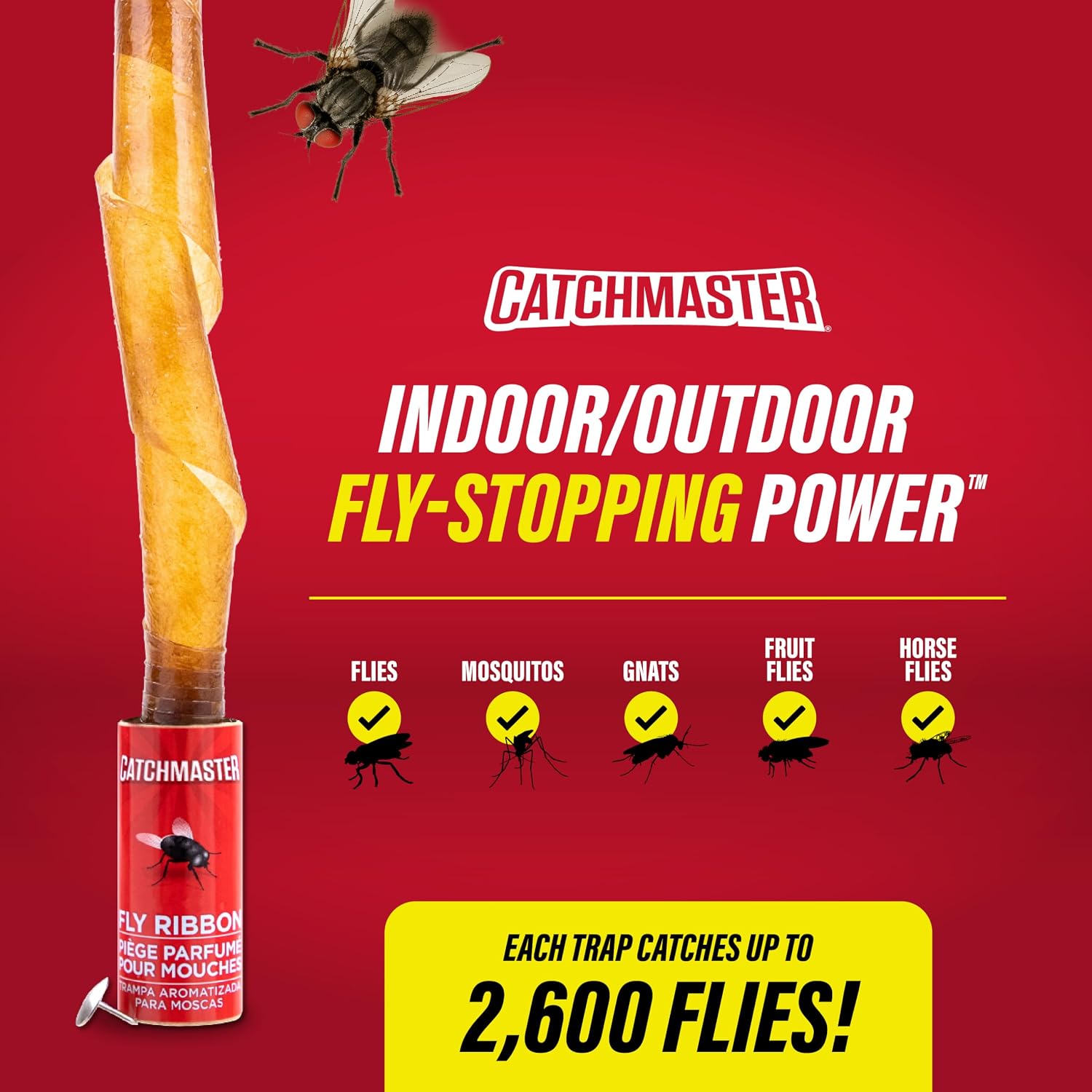Catchmaster Fly Ribbon 20-Pack, Bug & Fly Traps Outdoor And Indoor, Premium Adhesive Sticky Strips & Gnat Hanging Strips, Bulk Flying Insect Paper Rolls, Pesticide-Free Home Pest Control