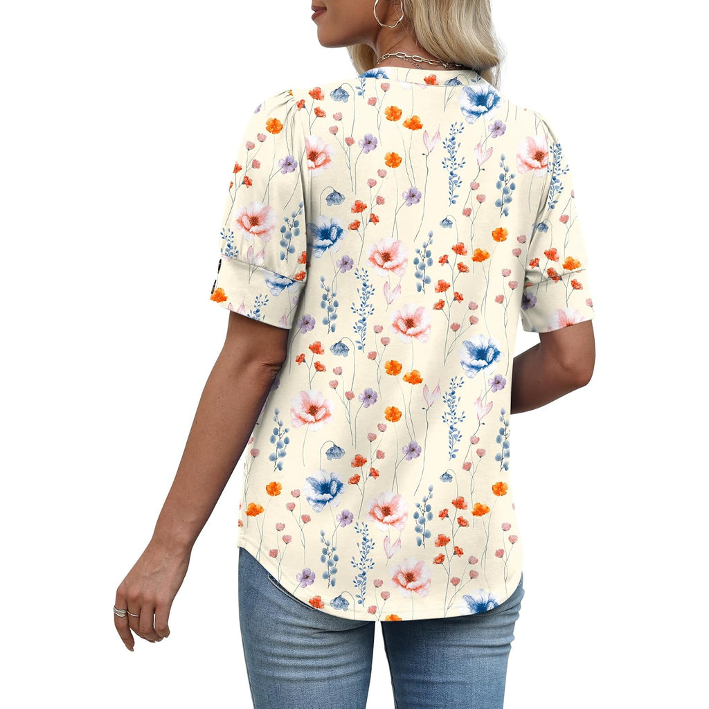 Womens Tops Short Sleeve Shirts Buttons V Neck Spring Fashion Summer Outfits Plus Size Blouses Dressy Casual