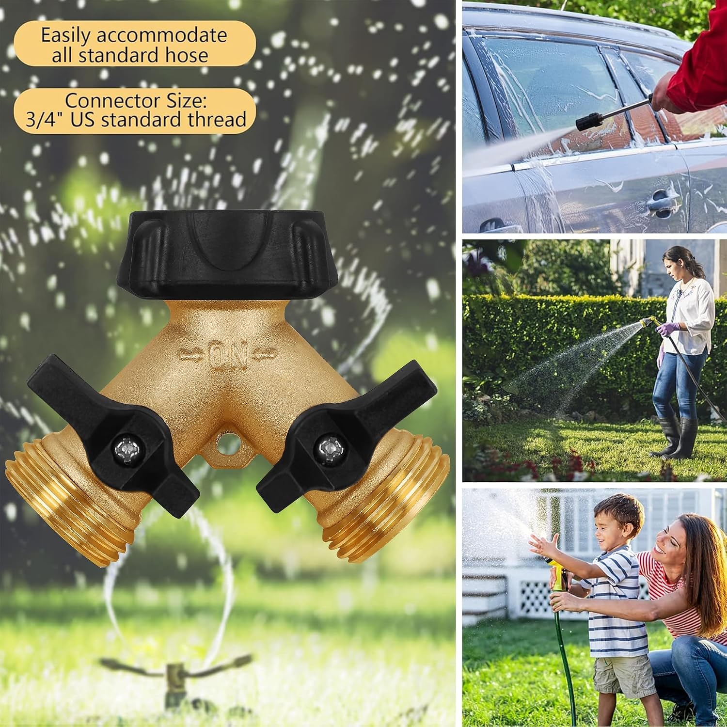 Biswing Garden Hose Splitter 2 Way, Heavy Duty Brass Connector Tap Splitter, Y Splitter 2 Valves With 2 Extra Rubber Washers