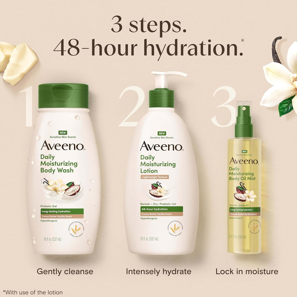 Aveeno Daily Moisturizing Body Wash With A Cocoa Butter Vanilla Scent & Soothing Prebiotic Oat, Provides Long-Lasting Hydration For Sensitive Skin, Hypoallergenic, Paraben-Free, 18 Fl. Oz