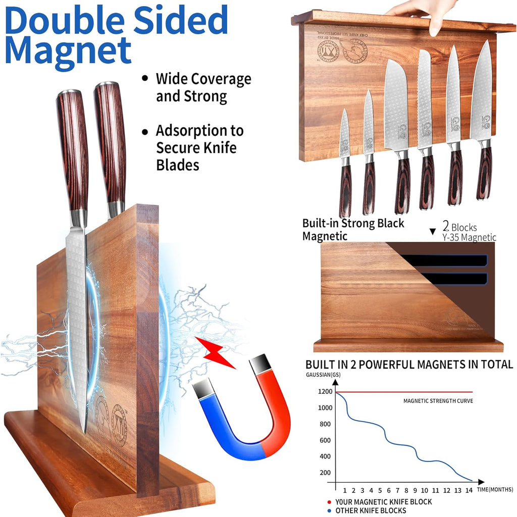 XYJ Extra Large Magnetic Knife Block Acacia Wood Knife Set Holder Stand With Stronge Magnetic Strip Kitchen Knives Storage Rack Organizer Tools No Drilling