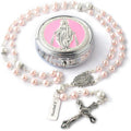 HanlinCC 6mm Glass Pearl Beads with 8mm Our Father Beads with Caps Rosary Pack in Miraculous Metal Gift Box