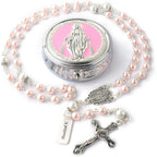 HanlinCC 6mm Glass Pearl Beads with 8mm Our Father Beads with Caps Rosary Pack in Miraculous Metal Gift Box