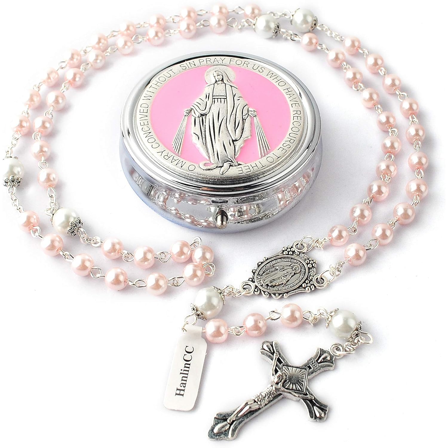 HanlinCC 6mm Glass Pearl Beads with 8mm Our Father Beads with Caps Rosary Pack in Miraculous Metal Gift Box