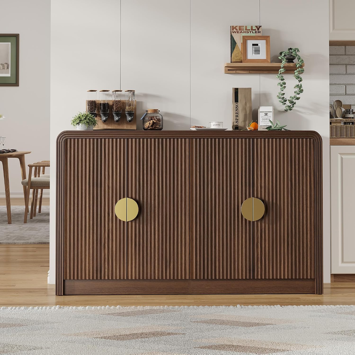 Decofy 55" Fluted Buffet Sideboard Cabinet, Modern Mid Century Console Cabinet With Adjustable Shelves & Wavy Grain Doors For Kitchen Cabinet Storage,Living Room,Entryway,Coffee Bar Cabinet (Walnut)