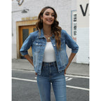 Unilexi Women'S 3/4 Sleeve Colored Cropped Denim Jacket Light Wash Short Jean Jacket Trucker Coat