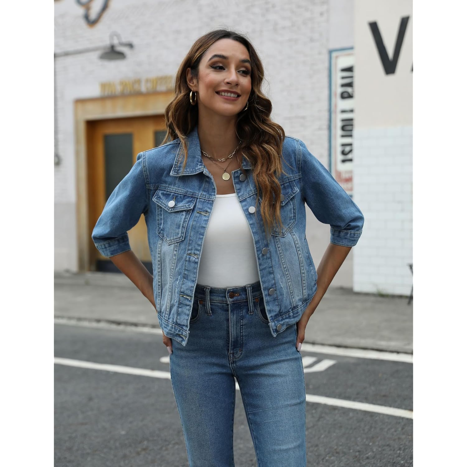 Unilexi Women'S 3/4 Sleeve Colored Cropped Denim Jacket Light Wash Short Jean Jacket Trucker Coat