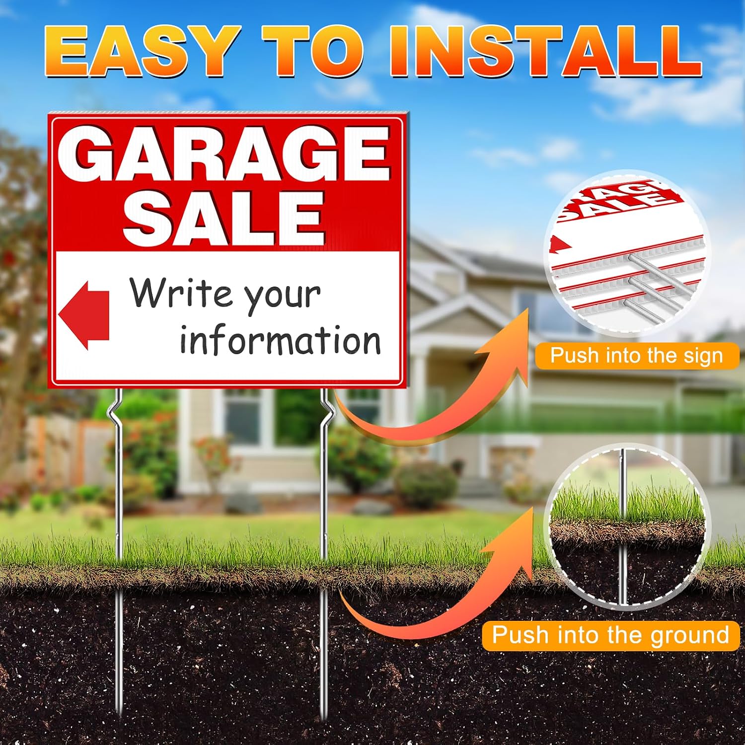 Garage Sale Signs, 3 Pcs Yard Signs With Metal Stakes, 17X13 Inch Double Sided Large Corrugated Plastic Garage Sale Kit With Directional Arrows Stickers For Event, Weatherproof, Red