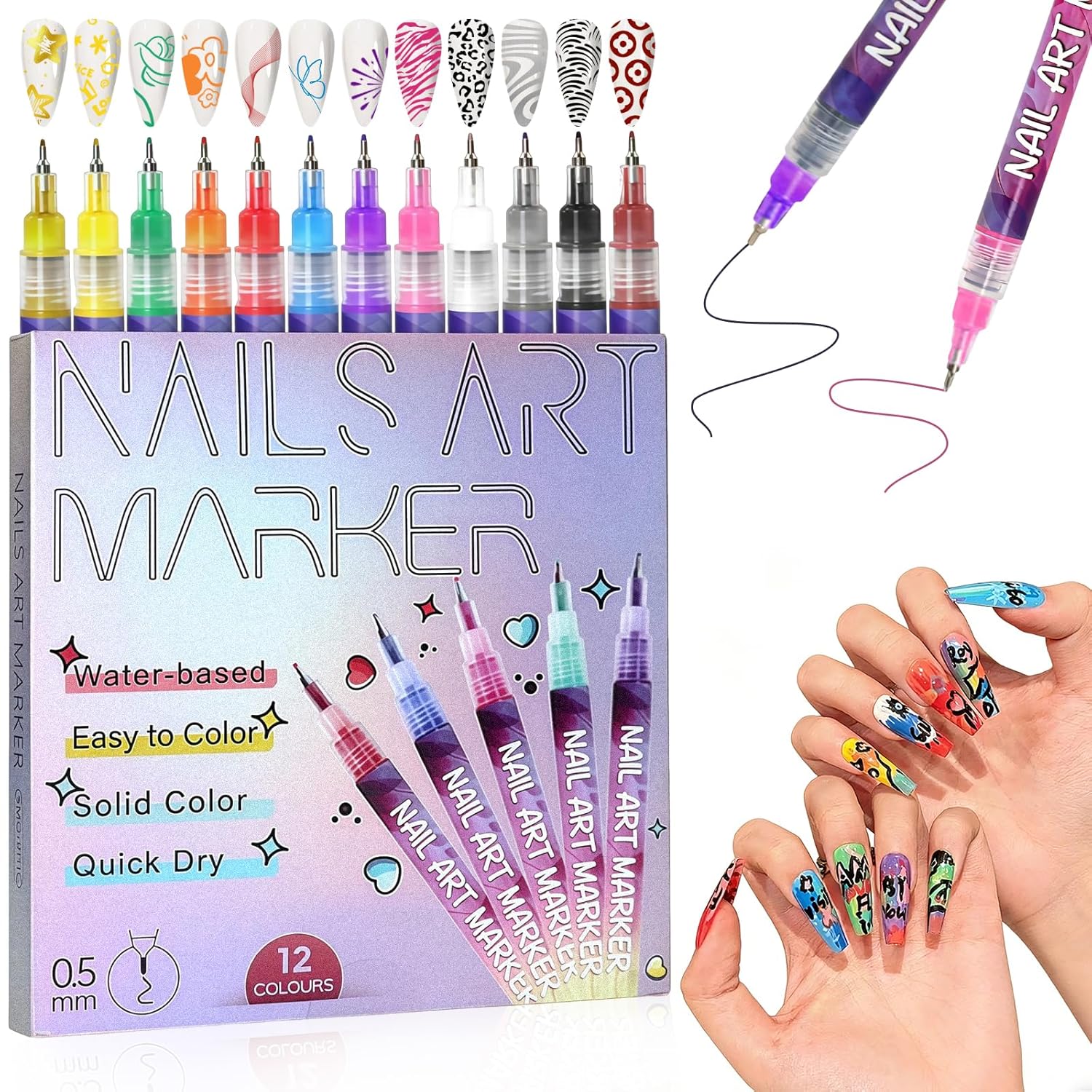Nail Art Pens for Beginners, 12 Color Quick Dry Fine Tip Markers, Professional Painting & Design Kit with Travel Case