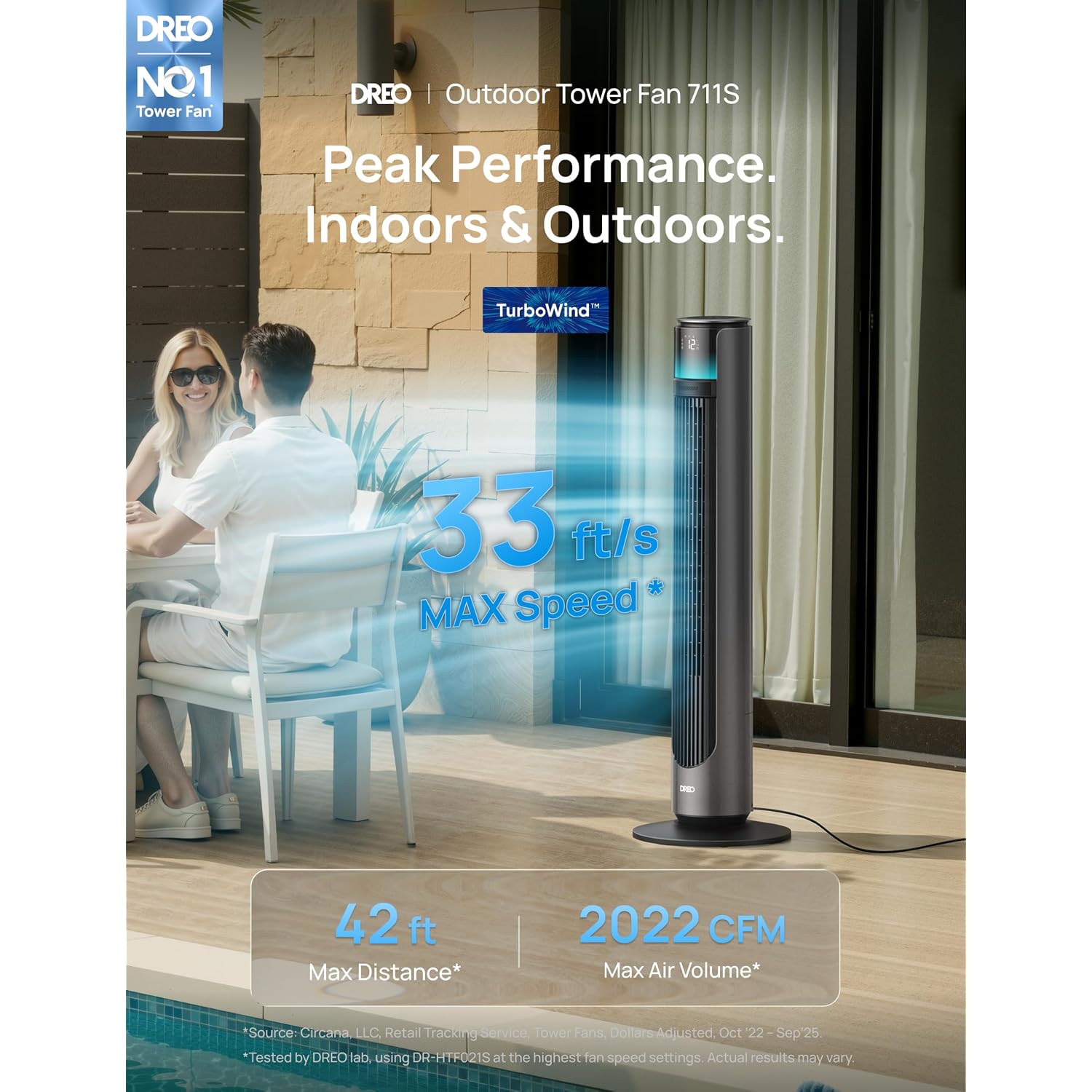 Dreo Smart Tower Fan For Indoor & Outdoor Use, 33 Ft/S High Velocity, 20 Db | 12 Speeds, 4 Modes, 150° Customizable Oscillating Floor Fan, Standing Fan For Bedroom, Weather Resistant, Dc Motor, Grey