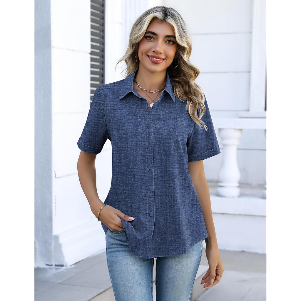 Zeagoo Button Down Shirts For Women Short Sleeve Collared Tops Dressy Casual V Neck Blouses