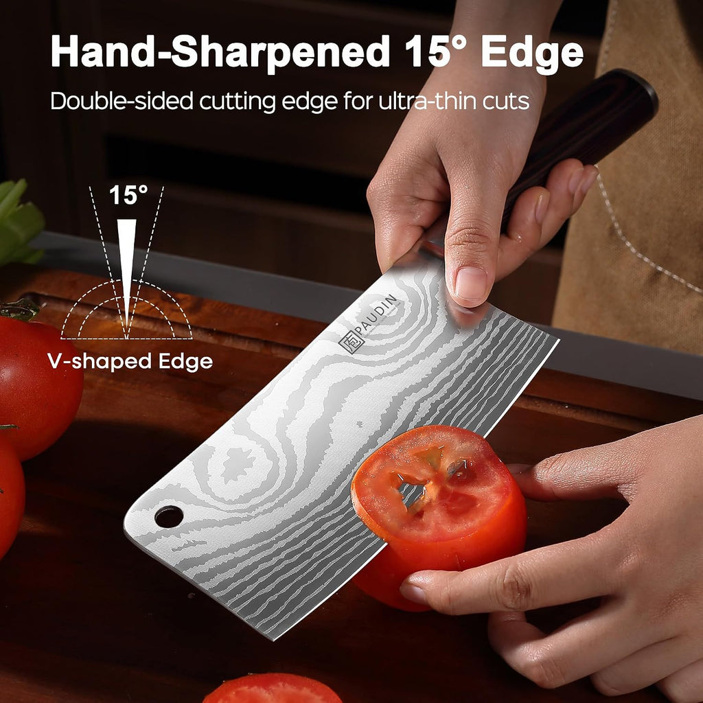 Paudin Cleaver Knife, Ultra Sharp Meat Cleaver 7 Inch, High Carbon Stainless Steel Butcher Knife With Wooden Handle, Chinese Cleaver For Meat Cutting Vegetable Slicing