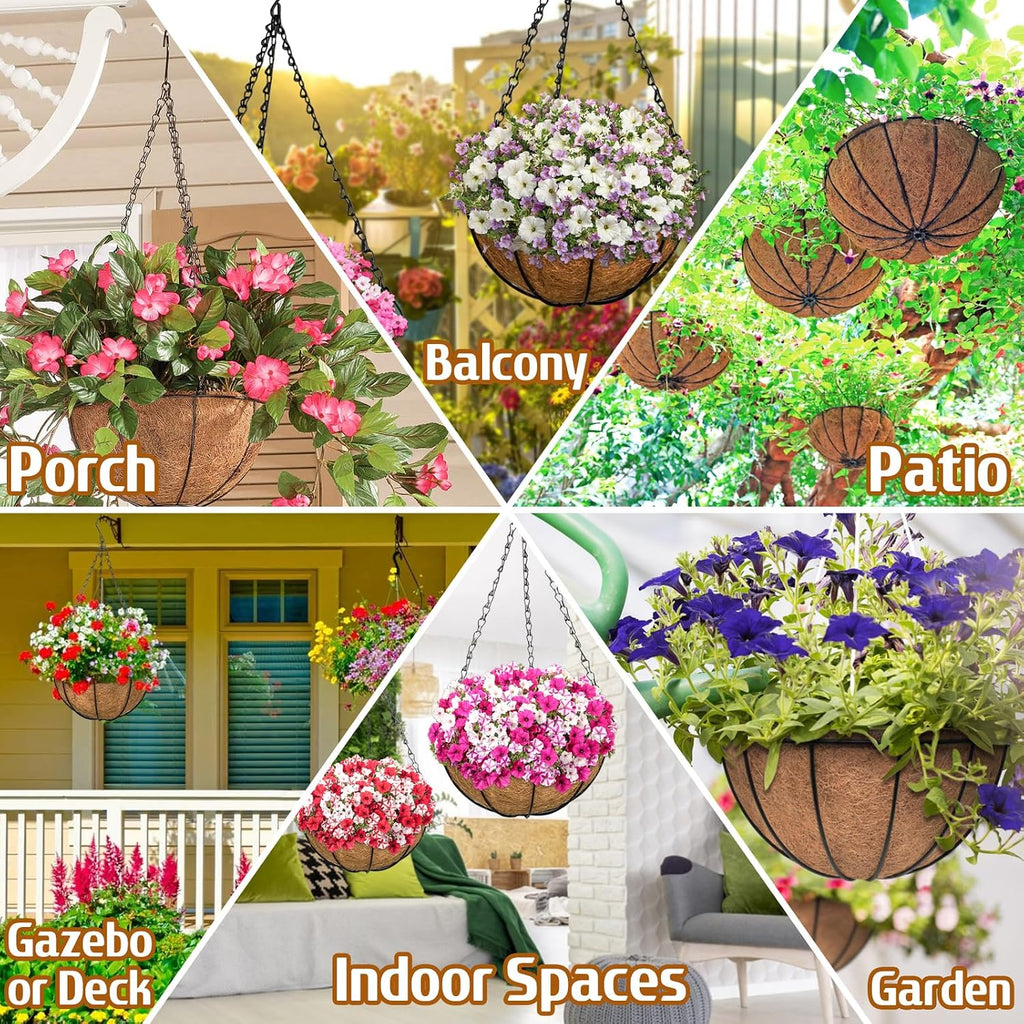 2 Pack 14 Inch Hanging Baskets For Plants Outdoor, Metal Wire Round Planters With Coco Liner, Hanging Flower Baskets For Home Garden Porch Balcony Railings Decor