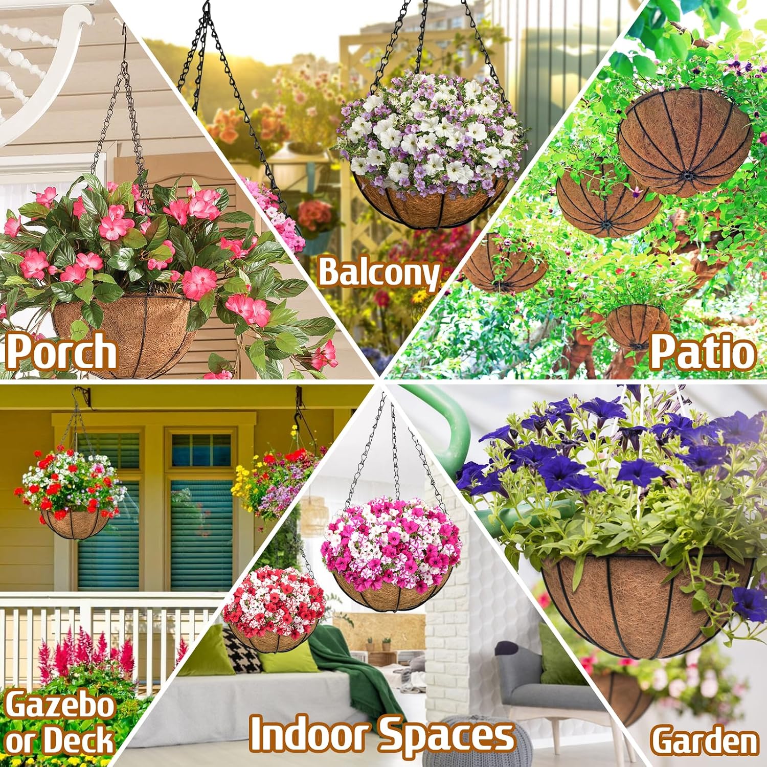 2 Pack 14 Inch Hanging Baskets For Plants Outdoor, Metal Wire Round Planters With Coco Liner, Hanging Flower Baskets For Home Garden Porch Balcony Railings Decor