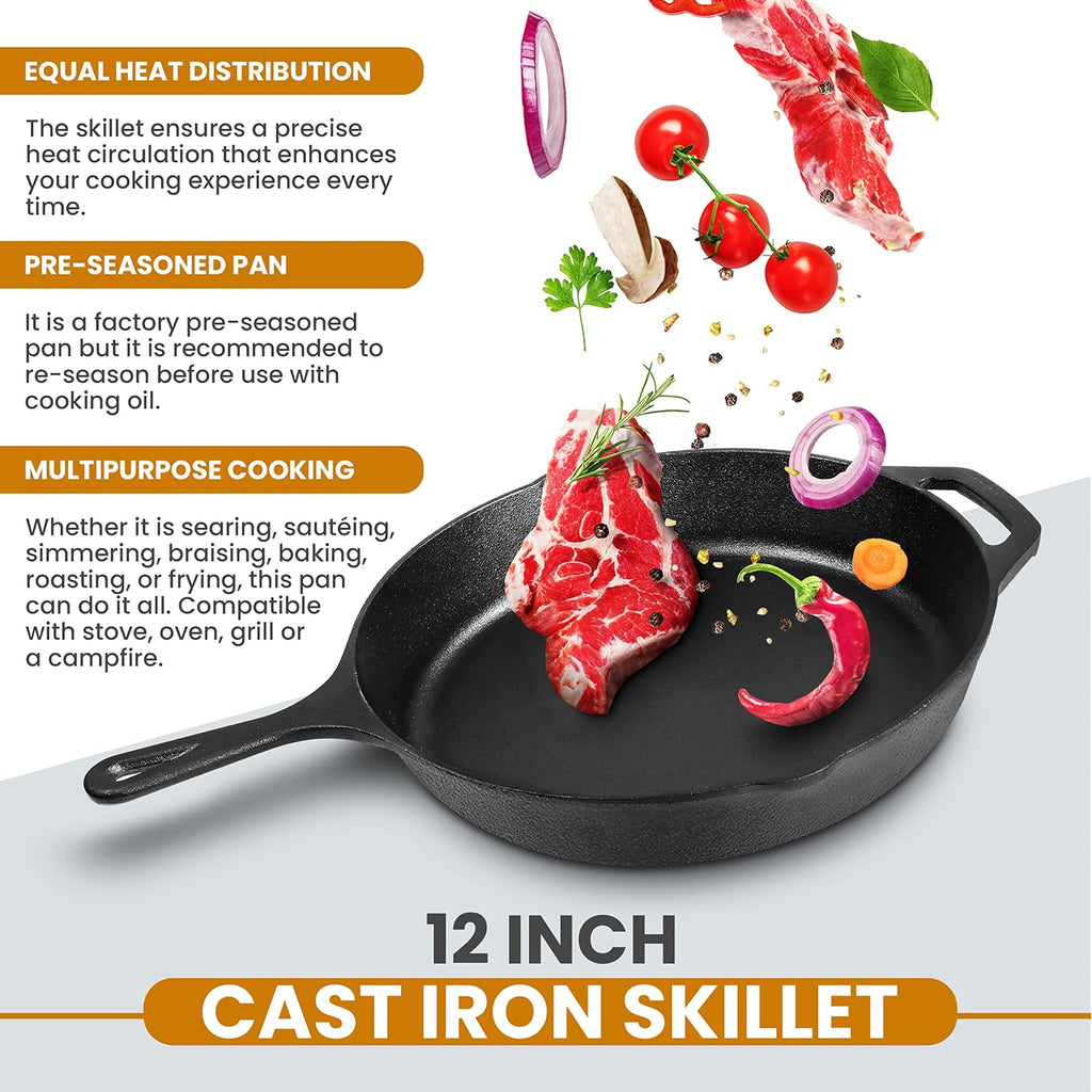 Utopia Kitchen Premium Saute Frying Pan 12 Inch, Cast Iron Chefs Pan, Pre Seasoned Cast Iron Skillet With Lid, Safe Grill Cookware For Indoor & Outdoor Use, Black