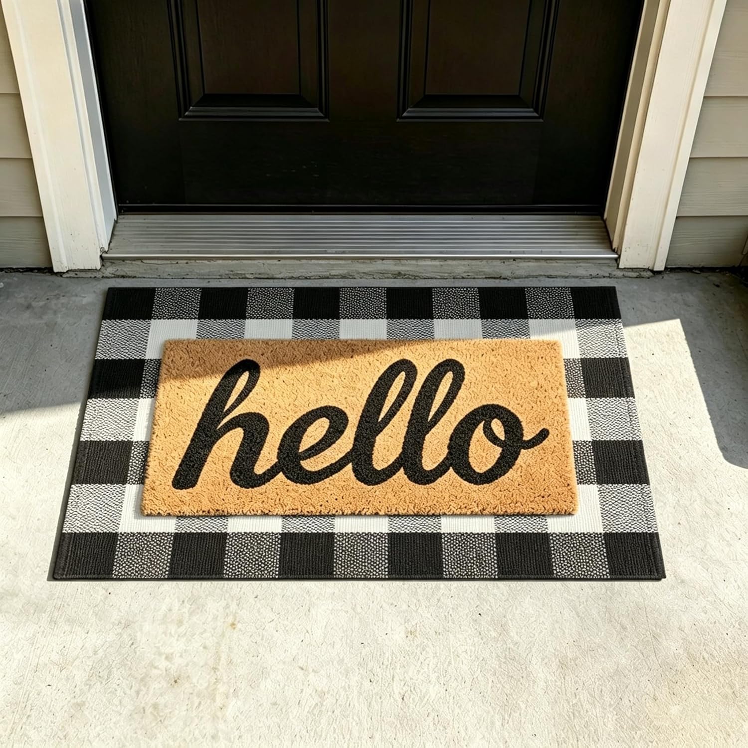 SEEKSEE Buffalo Plaid Outdoor Rug 27.5x43 Black and White Front Door Mat, Layering Rug for Porch, Washable Doormat, Cotton Area Rug for Outdoor Entrance Entryway Patio Porch Decor