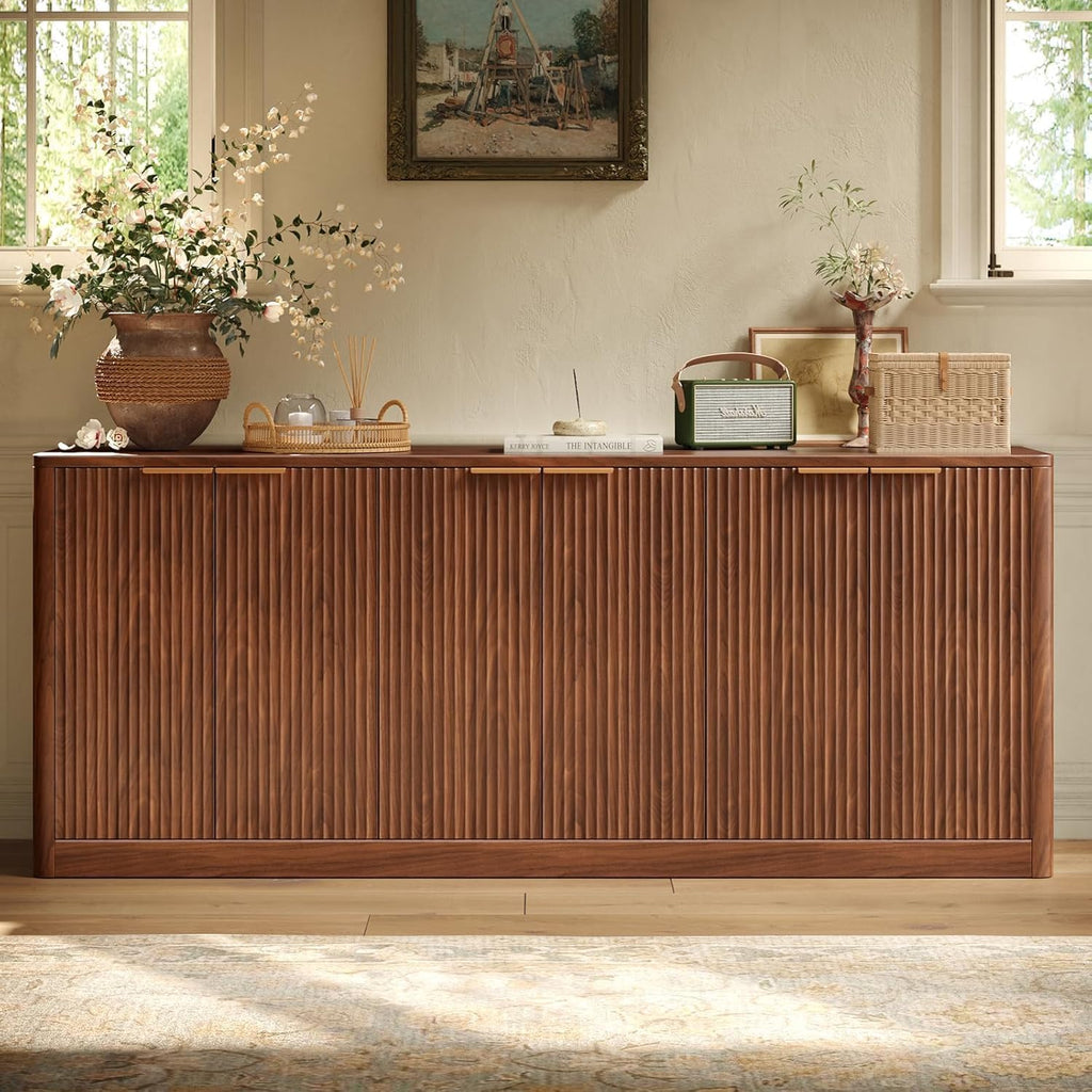 Evermagin 67" Fluted Walnut Buffet Cabinet Sideboard With Storage, Large Credenza With 6 Doors, Wood Mid Century Modern Sideboard For Kitchen And Living Room (67" W*31.5" H*15.7" D)