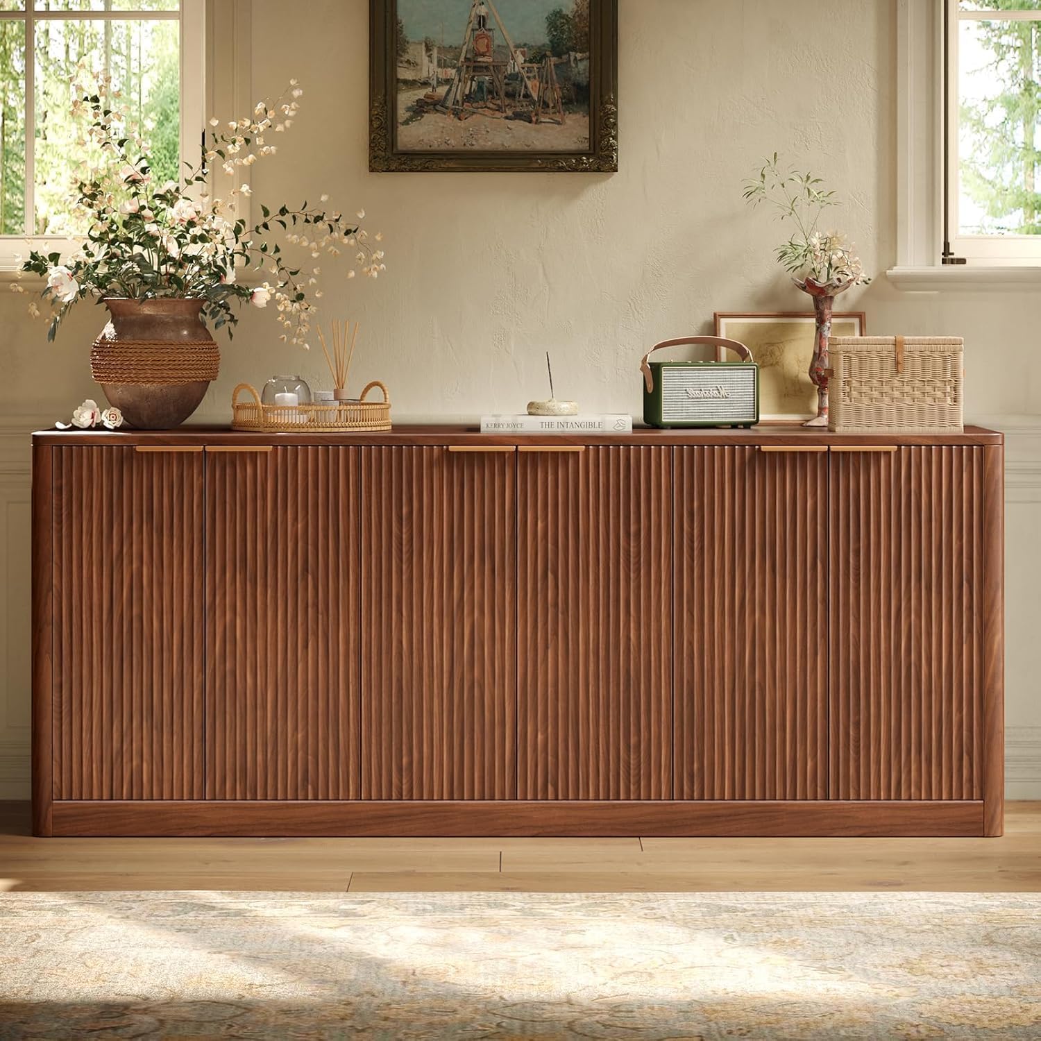 Evermagin 67" Fluted Walnut Buffet Cabinet Sideboard With Storage, Large Credenza With 6 Doors, Wood Mid Century Modern Sideboard For Kitchen And Living Room (67" W*31.5" H*15.7" D)