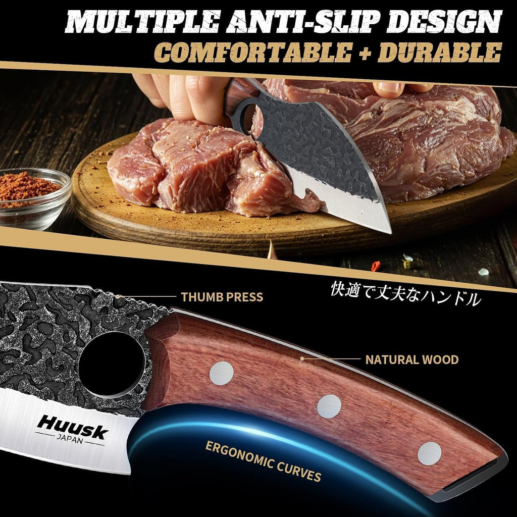 Huusk Butcher Knife Set Of 3- Japanese Knife Set For Meat Cutting, Hand Forged Viking Knives Sets With Meat Cleaver, Heavy-Duty Kitchen Knives Sets For Bone Bbq Vegetable, Fathers' Day Gift For Dad