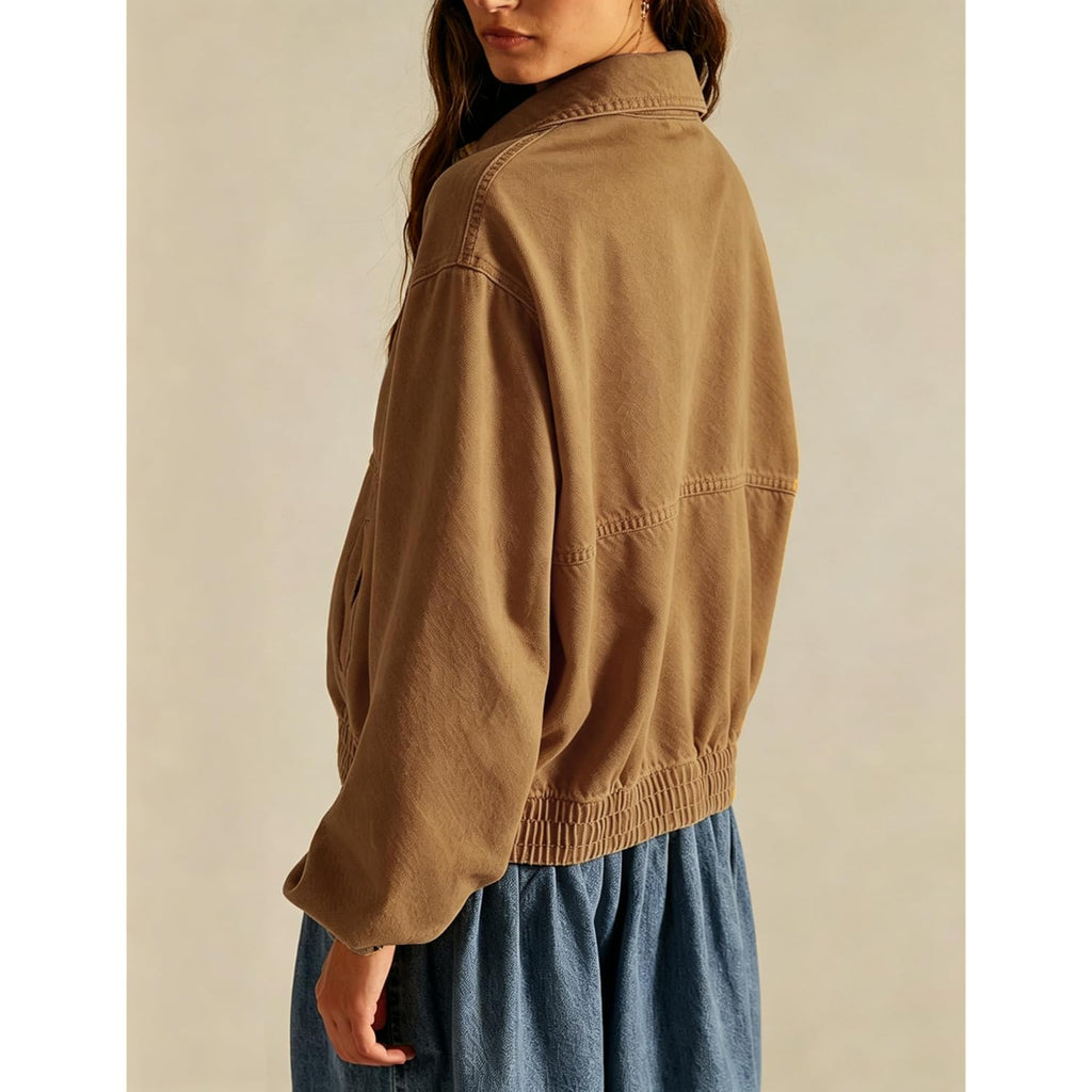 Womens Denim Jackets Long Sleeve Zip Up Elastic Hem Classic Loose Jean Bomber Jacket Outfit