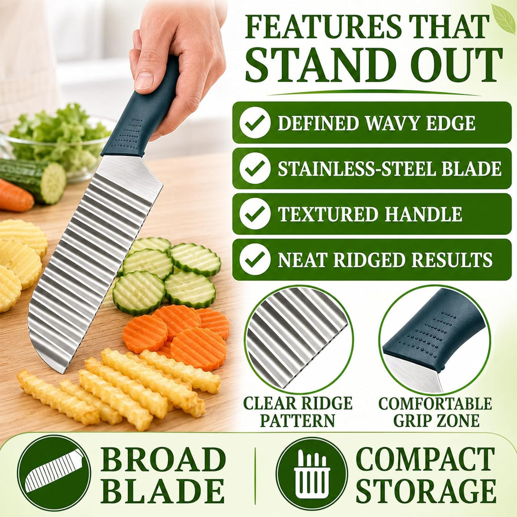 Crinkle Cut Knife, Stainless Steel Wave Cutter | Ergonomic Handle, For Veggies, Potato, French Fry, For Cucumber, Carrot, Fruit, Wave Chopper