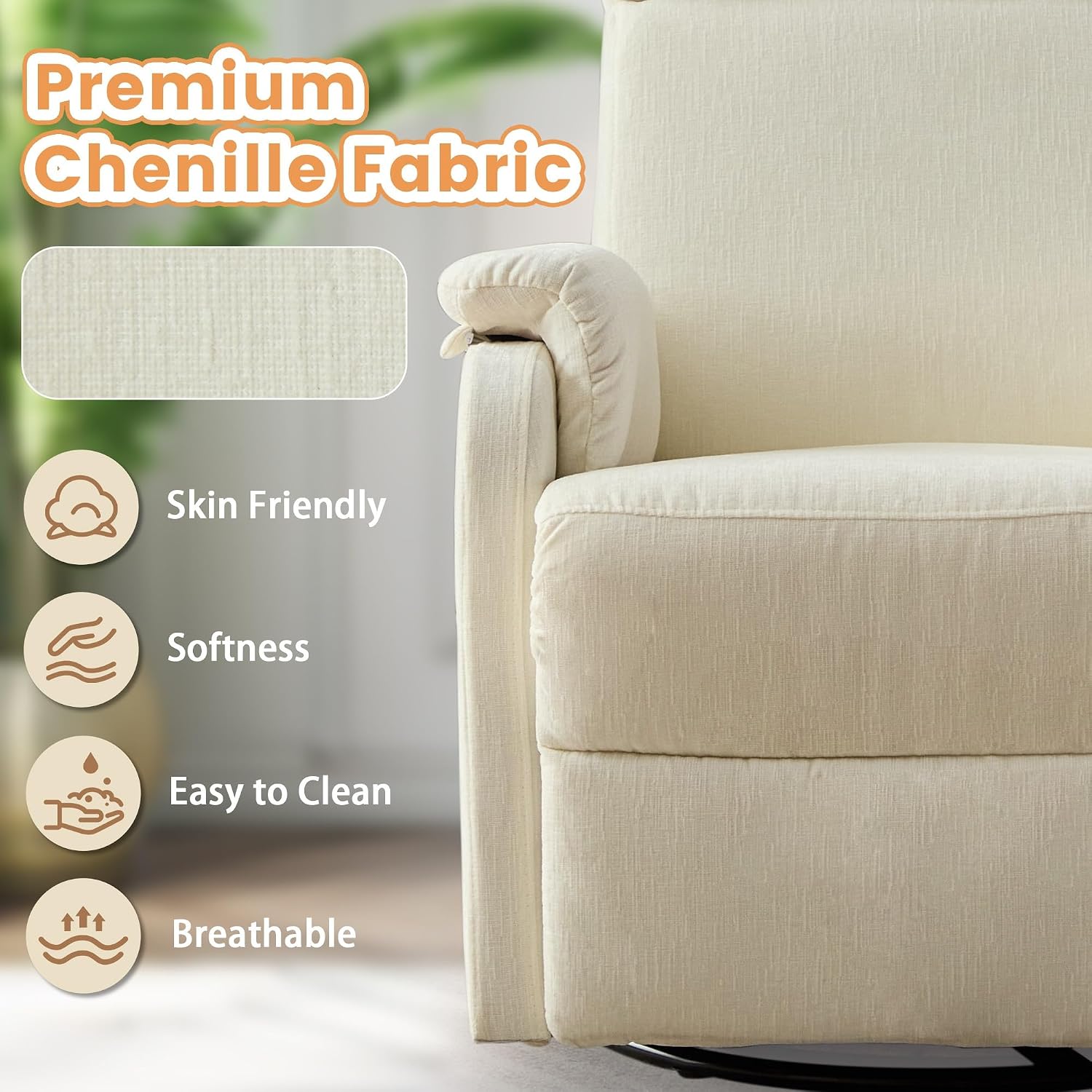 Korser Recliner Chair, Swivel Rocking Recliner Chair For Adults, Glider Rocking Chair, Small Nursery Chair Recliner For Living Room, Reclining Chair With Modern-Designed Armrests, Chenille, Beige